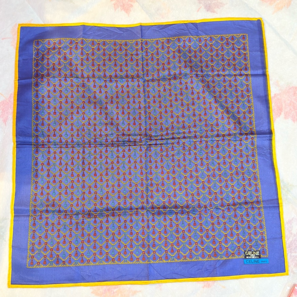 Celine Vibrant Blue and Gold Silk / Cotton Scarf handkerchief Unisex